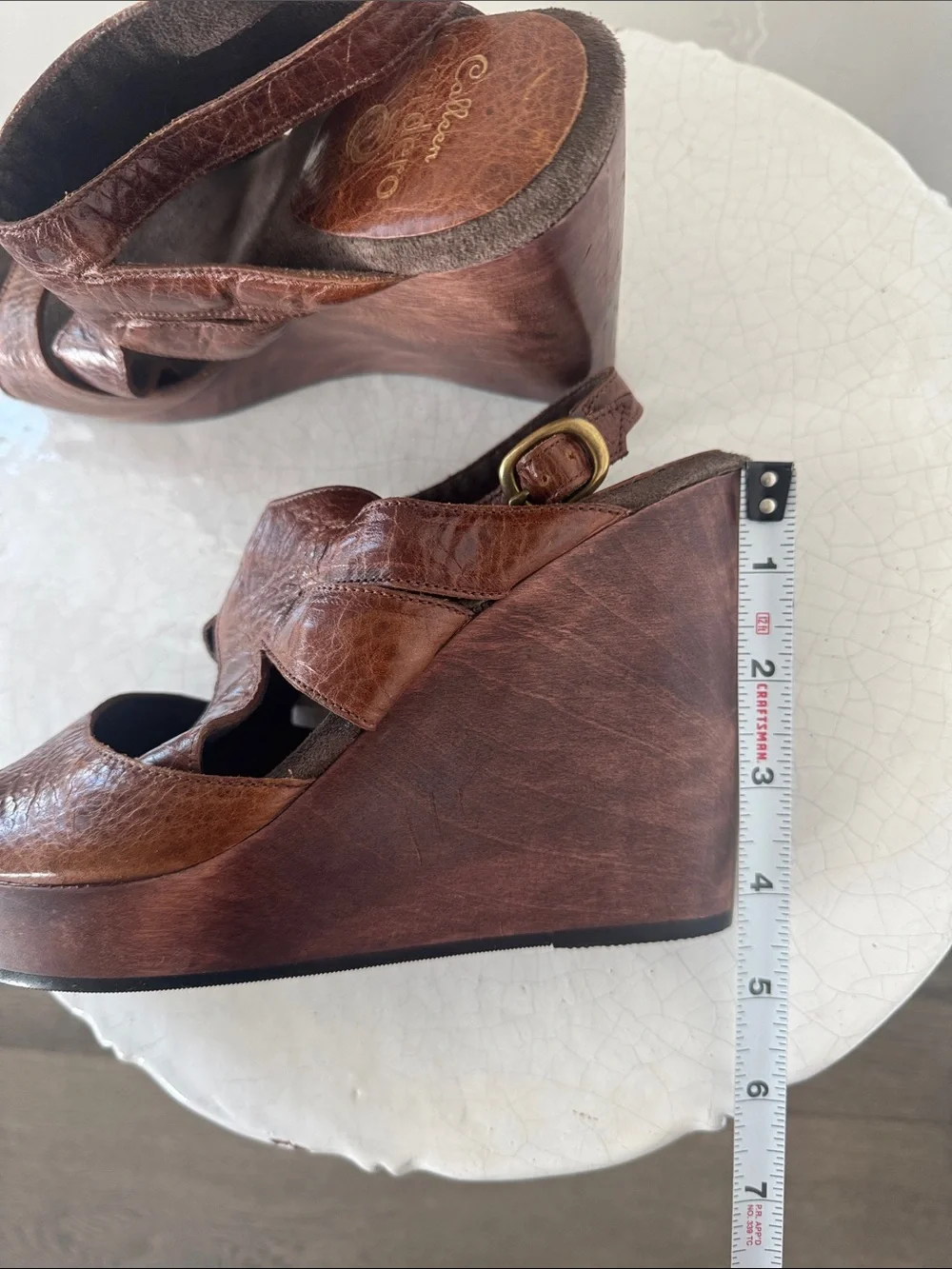 Calleen Cordero Brown Distress Leather Wedge Platform Sandals Wooden Heel Size 8